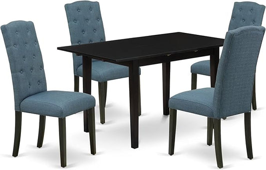 East West Furniture NOCE5-BLK-21 5 Piece Kitchen Table Set for 4 Includes a Rectangle Dining Table with Butterfly Leaf and 4 Mineral Blue Linen Fabric Parsons Chairs, 32x54 Inch, Black