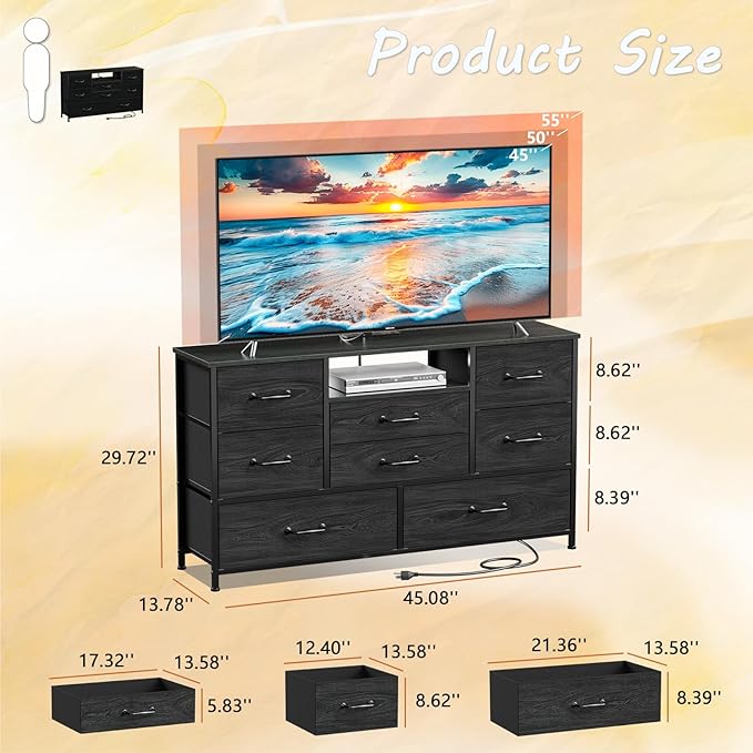 Furnulem Dresser TV Stand with Power Outlet for 55'' Long TV, Entertainment Center with 8 Deep Drawers,Wide Chest of Drawer for Storage in Bedroom,Closet,Living Room,Hallway(Black Oak)