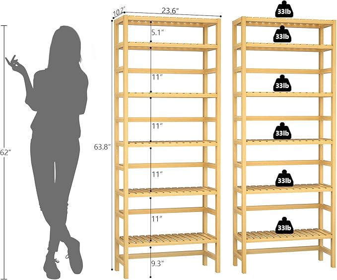 Homykic 6-Tier Bamboo Bookshelves and Bookcases, Adjustable 63.4”Tall Shallow Book Shelf Organizer Rack, Freestanding Storage Shelving Unit for Living Room, Kitchen, Bathroom, Office, Natural