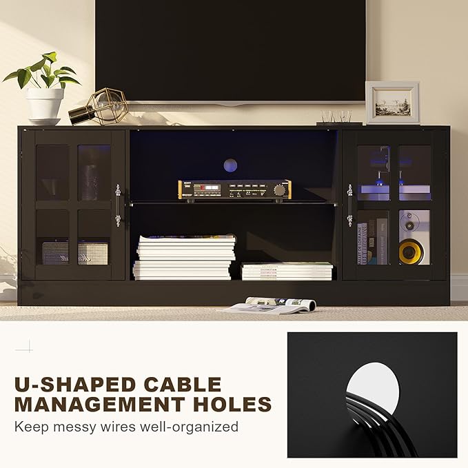 4-Piece Wall Unit TV Stand with Storage & LED Lights for TVs up to 75", Modern Entertainment Center with Bookshelves & 6-Door Pantry Cabinet, Black