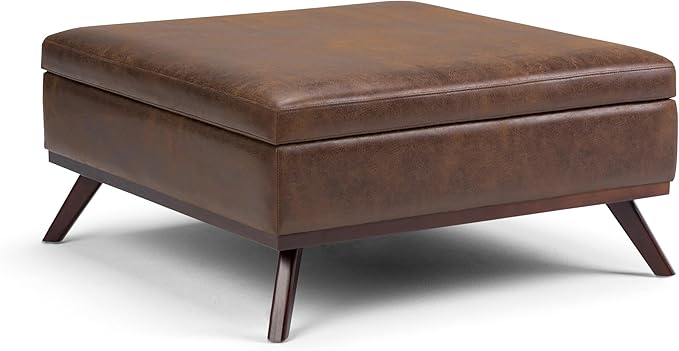 SIMPLIHOME Owen 36 inch Wide Mid Century Modern Square Coffee Table Storage Ottoman in Distressed Chestnut Brown Vegan Faux Leather, Assembled, for the Living Room, Entryway and Family Room