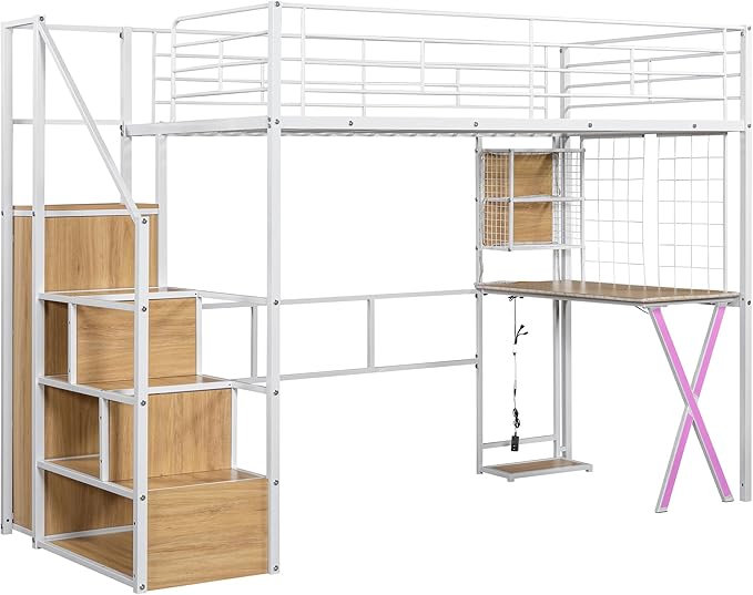 Merax Twin Size Metal Loft Bed with Built-in Work Station, Wardrobe, Storage Staircase and LED, Gaming Bed for for Kids Teens Adults, Full-Length Guardrails, No Box Spring Needed, White