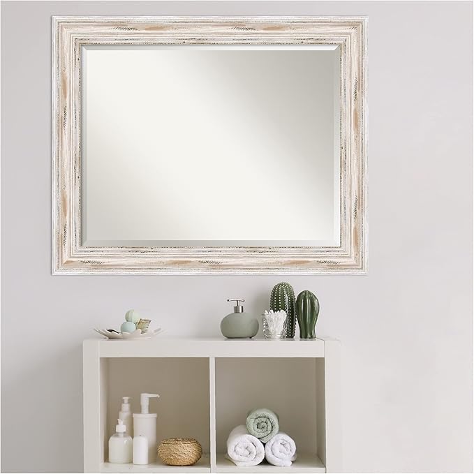 Amanti Art White Bathroom Mirror for Over Sink, 27x33 Alexandria White Wash Rectangle Vanity Mirror, Large Coastal Wood Frame, Hangs Horizonally and Vertically, Bathroom Wall Decor, Beveled Edge