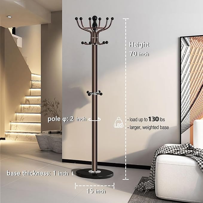 Kertnic Freestanding Coat Rack with 16 Hooks & Marble Base - Heavy Duty Metal Hall Tree Stand for Entryway, Hats, Coats, Bags Rack- Modern Hanger Organizer for Home, Office, Dorm (16 hooks -Bronze)