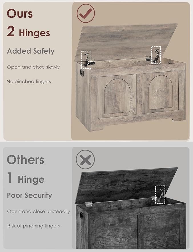 DINZI LVJ Storage Chest, 31.5”Wooden Storage Box with 2 Safety Hinges, Entryway Bench with Flip-Top, Sturdy Trunk for Living Room, Bedroom, Easy Assembly, Greige