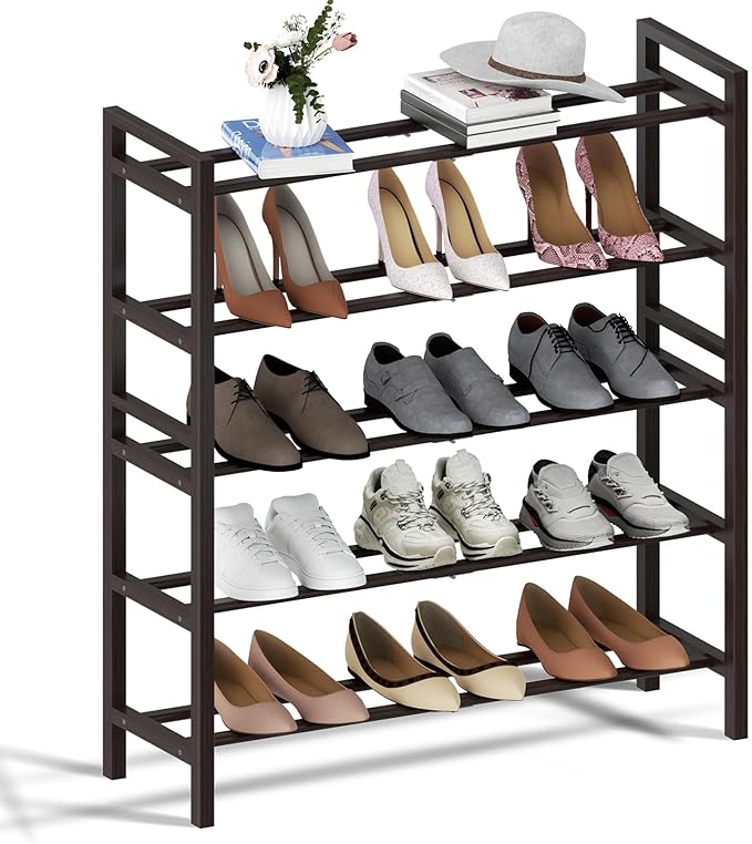 Haddockway Bamboo Shoe Rack for Closet, Free Standing Shoe Organizer with Smooth Round Rods & Convenient Handles, Stackable Shoe Storage Shelf for Entryway, Hallway(Brown, 5-Tier)