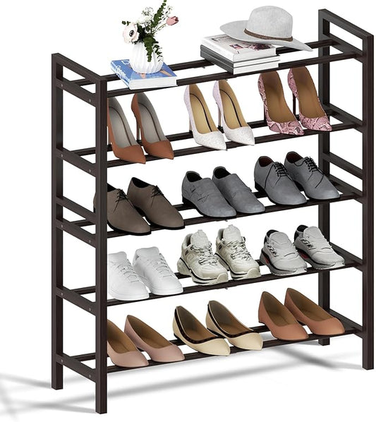 Haddockway Bamboo Shoe Rack for Closet, Free Standing Shoe Organizer with Smooth Round Rods & Convenient Handles, Stackable Shoe Storage Shelf for Entryway, Hallway(Brown, 5-Tier)