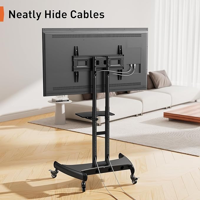 Perlegear Mobile TV Cart for 32-82 Inch Flat/Curved LED/LCD/OLED TVs Rolling TV Stand with Height Adjustable Shelf Max VESA 600x400mm up to 100lbs- Outdoor TV Stand Trolley with Wheels PGTVMC05-1