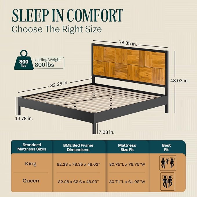 Bme Madia King Size Bed Frame and Headboard, Sophisticated Mid-Century Style with Fluted Pattern, 800lbs Weight Support, Crafted from Durable Acacia Wood Slats, Simple Assembly, Sleek Black Finish