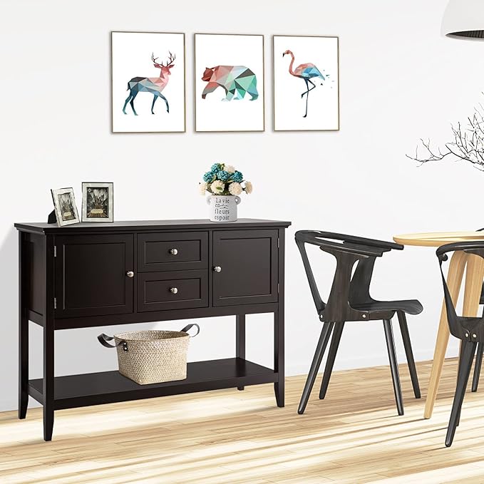 COSTWAY Buffet Sideboard, with 2 Wood Storage Drawers & Open Shelf, Console Table for Living Room Kitchen Dining Room Furniture (Coffee)
