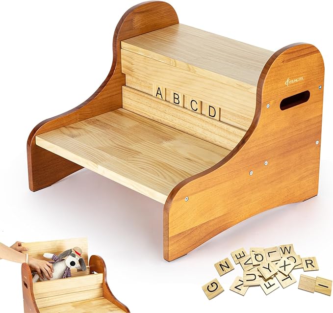 StrongTek Toddler Step Stool with 28 Alphabet Blocks – 2-Step Wooden Stool with Storage, Non-Slip, DIY Name & Drawing on Block Backs for Kids, Ideal for Bathroom, Kitchen & Bedside