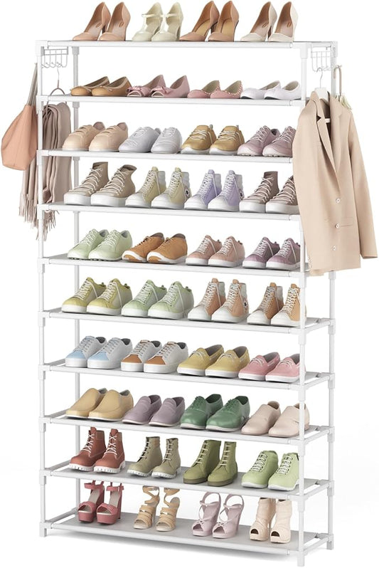 10 Tiers Shoe Rack 50 Pairs Large Capacity Tall Shoe Organizer Sturdy Shoe Storage with Two Hooks Space Saving Metal Wide Shoe Rack for Closet, Entryway, Bedroom, White