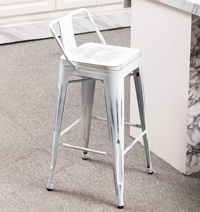 Yongchuang Industrial Metal Barstools Set of 4 Counter Height Bar Stools with Back (24" Seat Height Wooden Top Low Back, Distressed White)