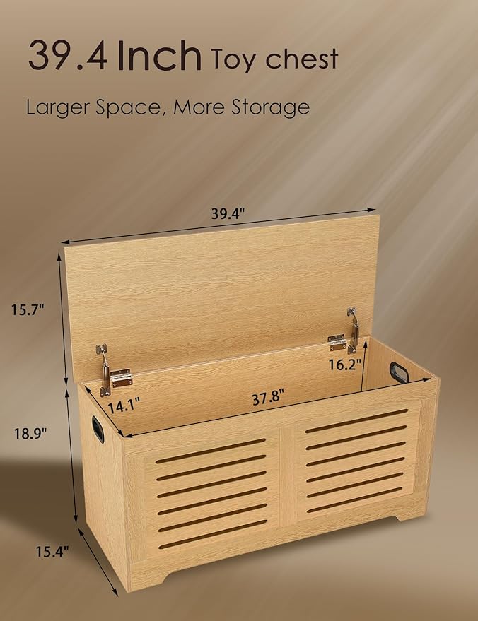 DINZI LVJ Storage Chest, 39.4”Wooden Storage Box with 2 Safety Hinges, Entryway Shoe Bench with Flip-Top, Farmhouse Style Trunk for Living Room, Bedroom, Play Room, Easy Assembly, Natural