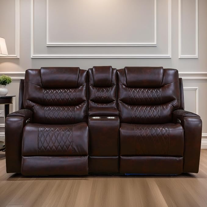 Loveseat Recliner Sofa, Reclining Loveseat Leather Couch with Storage Console, Modern Comfy Home Theater Seating Power Recliner Chair with Cup Holders for Living Room Furniture Sets, Brown