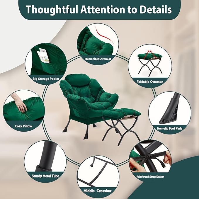 Lazy Chair with Folding Ottoman, Accent Chair Velvet Upholstered with Metal Structure and Non-Slip Pads, Sofa Armchair with Footrest and Side Storage Bag for Dorm, Room, Office, Green