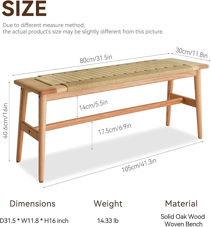 OOKSEN Entryway Bench, Solid Wood Dining Bench, 31.5" Wooden End of Bed Benches, Midcentury Modern Bedroom Benches Stool with Hand-Woven Rope for Kitchen Living Room Hallway