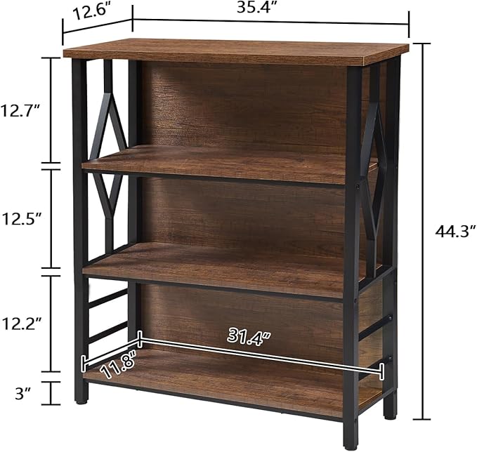 HOMISSUE Bookshelf, 4-Tier Rustic Short Bookshelf, Industrial Shelf Bookcase with Engineered Wood Shelves, Low Bookcase with Storage, Small Shelf for Living Room, Bedroom and Office, Rustic Brown