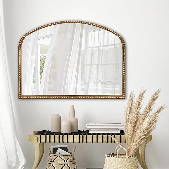 Vanity Mirror for Bedroom, 35" x 28" Large Arch Vintage Gold Wall Mirror, Beaded Frame Decorative Accent Mirrors for Washroom, Living Room, Entryway, Bathroom, Fireplace