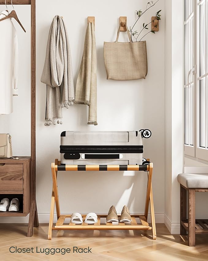 Fully Assembled Bamboo Luggage Rack, Heavy Duty Folding Suitcase Stand with Storage Shelf, Guest Room Essentials, Ideal for Bedroom, Hotel, Natural