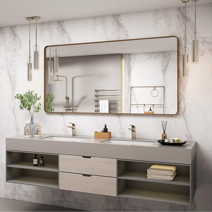 72x36 Inch Gold Bathroom Mirror for Wall, Large Brushed Gold Framed Mirror, Large Rectangle Vanity Mirror, Rounded Corner, Shatterproof, Anti-Rust (Horizontal/Vertical)