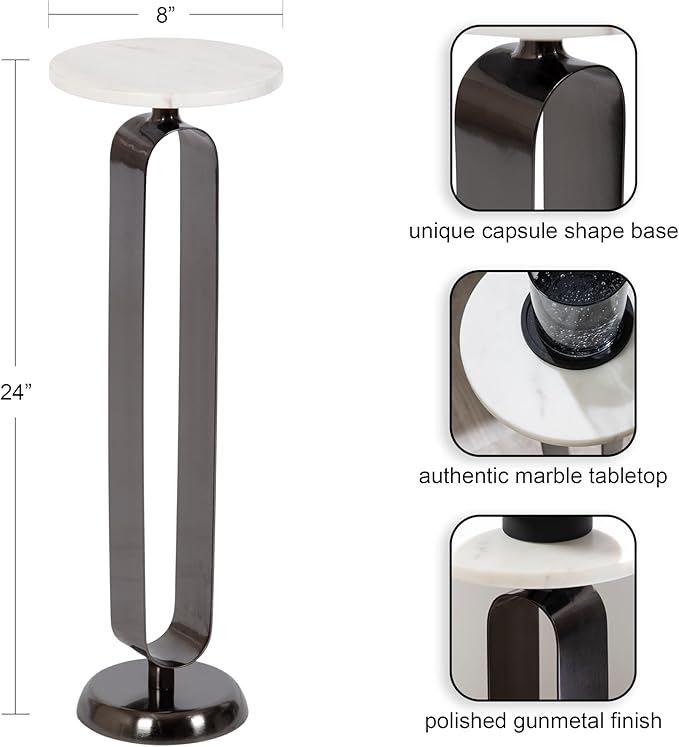 Kate and Laurel Helio Modern Round Drink Table, 8 x 8 x 24, White and Gray Gunmetal, Natural Marble Cocktail Table for Small Spaces and Use as Small Plant Stand or Nightstand