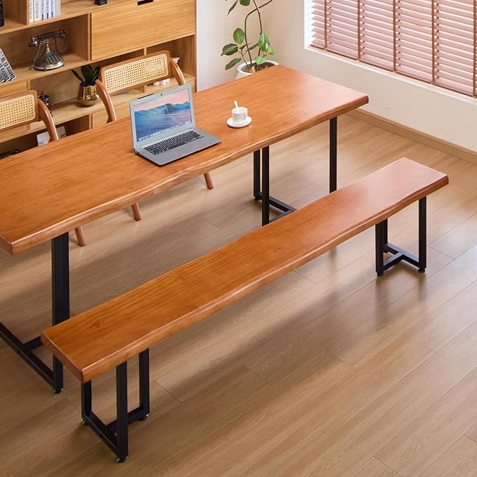 Durable Solid Wood Top Bench with Metal Triangular Legs – Stylish Long Dining Bench for Home, Office, Restaurant & Patio (Wooden Brown Bench, 55.12in)