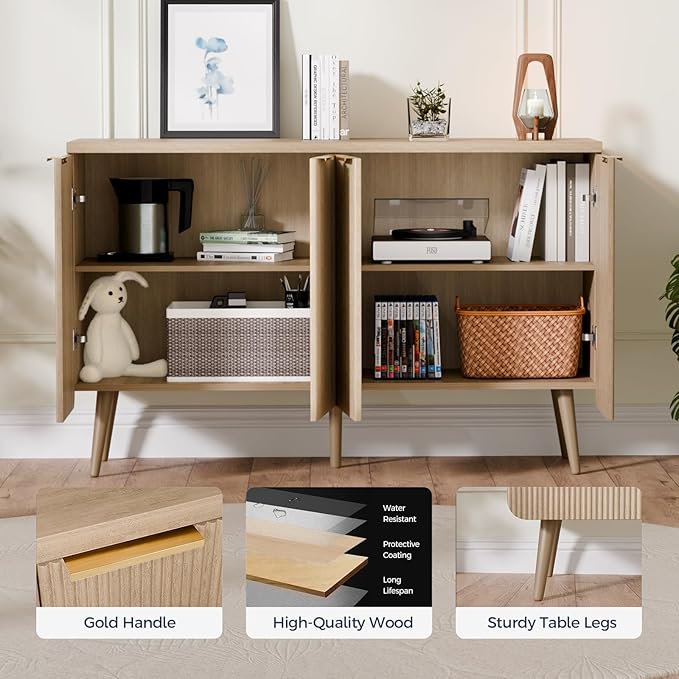 47.2" Buffet Cabinet with 4 Doors, Accent Sideboard Cabinet with Adjustable Shelf, Dining Room Sideboard with Waveform Panel, Credenzas for Living Room, Hallway, Natual Oak