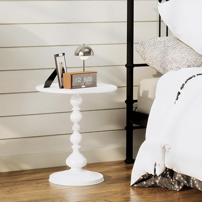 XIV Metal Small Round Side End Table, Vintage Matte Coffee Drink Cocktail Table, Accent Pedestal Table for Living Room Corners and Small Spaces, 21'' Height (White)