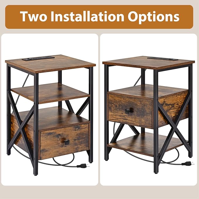 End Table with Charging Station, Charging Side Table Bedside Table with Outlets, Charger Nightstand, End Tables for Living Room, Night Stand with Storage for Bedroom, Brown