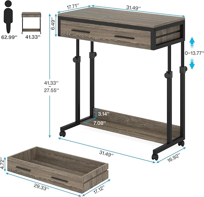 Tribesigns Portable Desk with Drawers, Mobile Laptop Desks with Wheels, Couch Desk Sofa Side Table, Small Standing Desks for Home Office (Retro Grey)