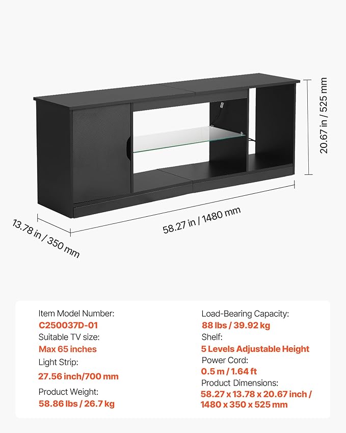 VEVOR TV Stand for TVs up to 65 inch, Modern Entertainment Center with Light Strip, Wooden TV Cabinet Storage with Glass Shelf and Adjustable Shelves, Console Table for Living Room and Bedroom, Black