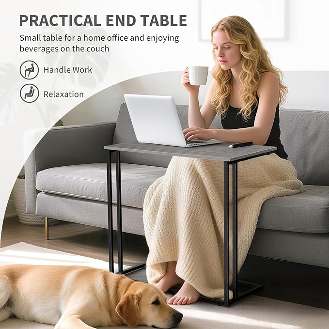 C-Shaped Side Table, Modern End Table with Metal Frame, Space Saving Design for Living Room，Large Surface Couch Table for Bedroom, and Home Office，24 x 12 x 24 inches (Grey)