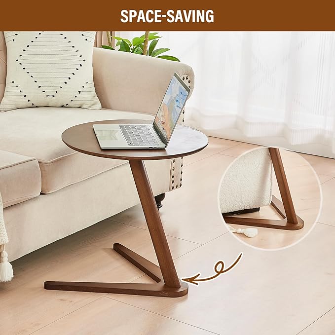 CozyDH Round End Table, Solid Wood C Shape Round Side Table, Walnut Coffee Bedside Table, Small Nightstand for Bedroom Living Room Office