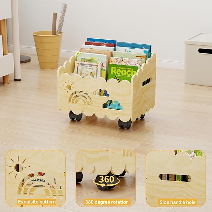 Wood Kids Bookshelf, Montessori Bookshelf, with 2 Adjustable Dividers, 4 Wheels Suitable Kids Rooms, Nursery & Classroom, Book Shelf for Kids Rooms, Toddler Book Rack, Nursery Book Shelves