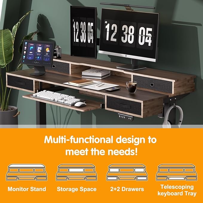 Standing Desk, 63" Adjustable Desk, Multifunctional Electric Standing Desk with 4 Drawers, Ergonomic Height Adjustable Desk with Keyboard Tray, Rustic Brown
