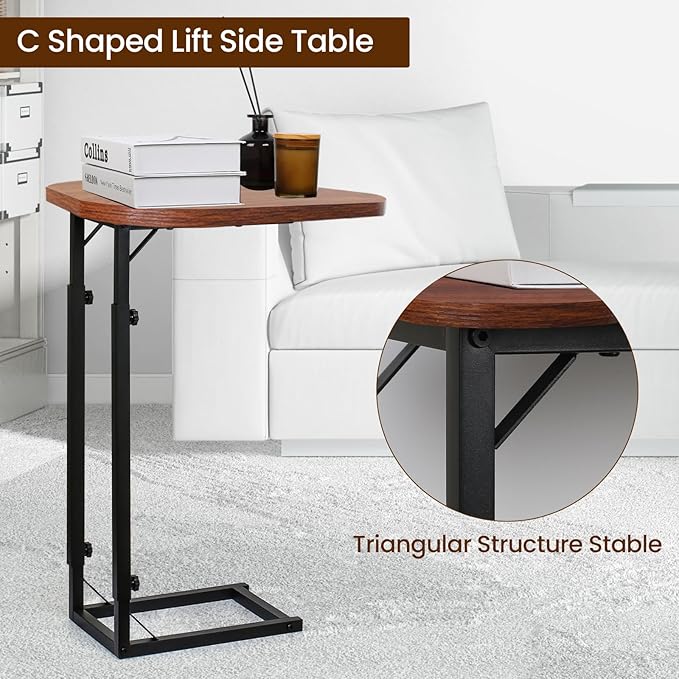 Premium Adjustable C-Shaped End Table for Couch, Mini Side Tables for Sofa, Small Coffee Table with Metal Frame, Beautiful and Practical Sidekick for Your Living Room, Bedroom, Bedside, Rustic Brown