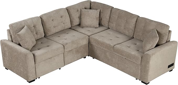 82" Convertible Sleeper Sofa with Pull-Out Bed,L-Shape Chaise Couch W/USB Ports & Power Sockets,Space Saving,Easy Assembly,Modern Corner Reversible Furniture Set for Living Room,Khaki Velvet