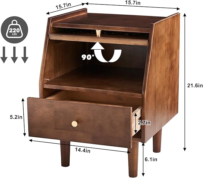 Uniclinens Rattan Nightstand with Drawer, Solid Wood Farmhouse Nightstand, 21" Bedside Table for Bedroom Sofa Side, Wooden End Tables Living Room, Walnut