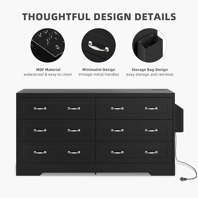 YITAHOME Drawers TV Stand for 65 inches with Power Outlets -Chest of Drawers Dresser with Side Organizer Bag Entertainment Center TV Console, Black