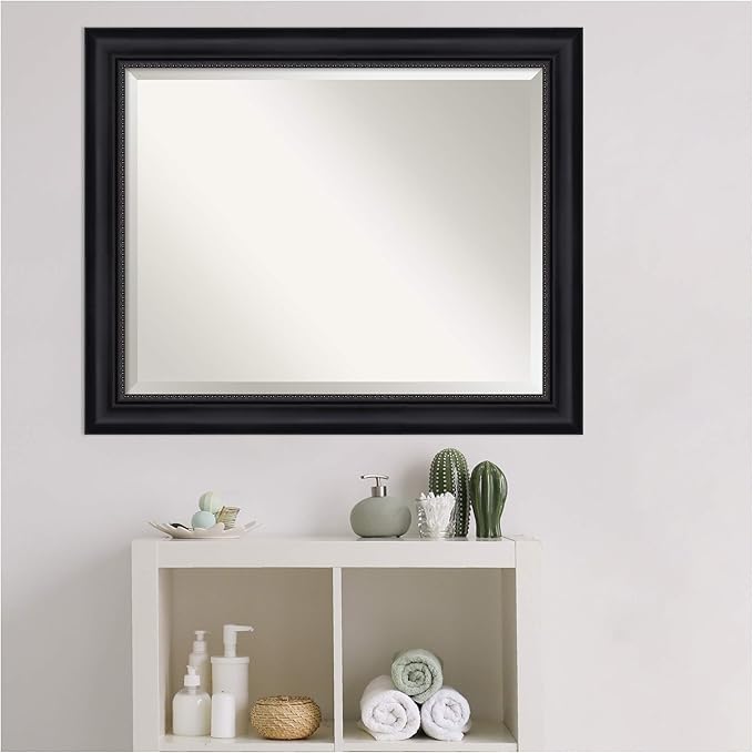 Amanti Art Black Bathroom Mirror for Over Sink, 27x33 Astor Black Rectangle Vanity Mirror, Large Traditional Frame, Hangs Horizonally and Vertically, Bathroom Wall Decor, Beveled Edge