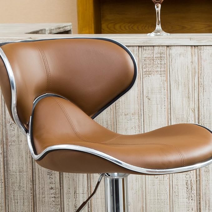 Roundhill Furniture Masaccio Cushioned Leatherette Upholstery Airlift Adjustable Swivel Barstool with Chrome Base, Set of 2, Caramel