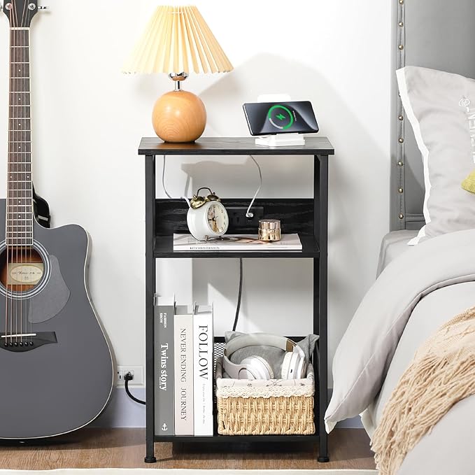 AMHANCIBLE Record Player Stand with Charging Station, Turntable Stand with Storage Cabinet, 3 Tier End Table Hold Up to 100 Albums, Record Stand for Vinyl, Living Room, Black, HETCD01BK-1