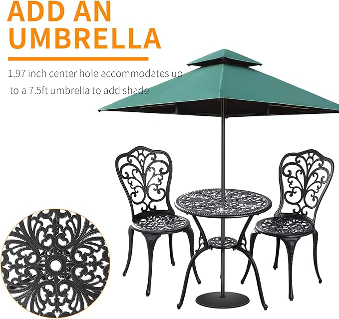 Outdoor Bistro Set 3 Piece Patio Bistro Set, Cast Aluminum Bistro Table and Chairs Set of 2, Small Patio Table Set for Porch, Black