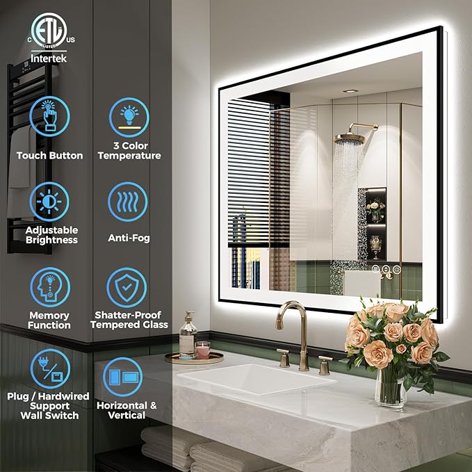 32x36 Inch LED Bathroom Mirror with Lights (Front Lit and Backlit) Black Framed Lighted Vanity Mirror for Bathroom Wall Dimmable Anti-Fog Memory Tempered Glass Horizontal/Vertical
