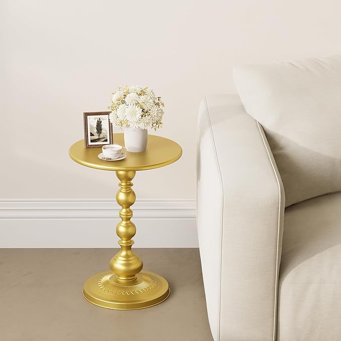 Metal Round Side Table, Small Drink Table for Small Spaces, Matte Modern Accent End Tables Coffee Tables, Pedestal Tables for Living Room, Bedroom, Corners, and Office, 21'' Height (Gold)