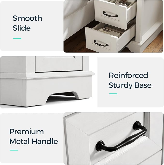 LINSY HOME Narrow End Table with Charging Station, Side Table with Glass Top, Open Shelf, and 2 Drawers, Small Sofa Table with Storage for Living Room, White