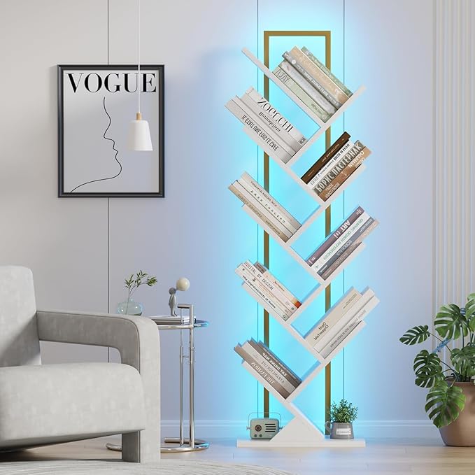 Tree Book Shelf with LED Lights, 9 Tier Floor Standing Bookcase, Classical Corner Shelf Kids Bookshelf, Tall Wood Book Storage for Bedroom, Living Room, Home Office, White