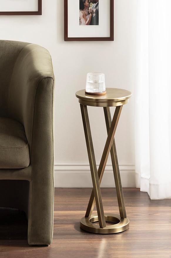 Kate and Laurel Aja Modern Metal Round Drink Table, 9 x 9 x 22, Antique Brass, Decorative Geometric Pedestal Table with Circular Tabletop for Use as Metal Indoor Plant Stand