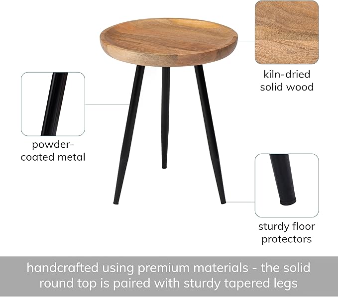 MH London Lydia Round Small End Table & Side Table Solid Wood, Natural top with Black Metal Legs, Nightstand, 15.75"x15.75"x18"